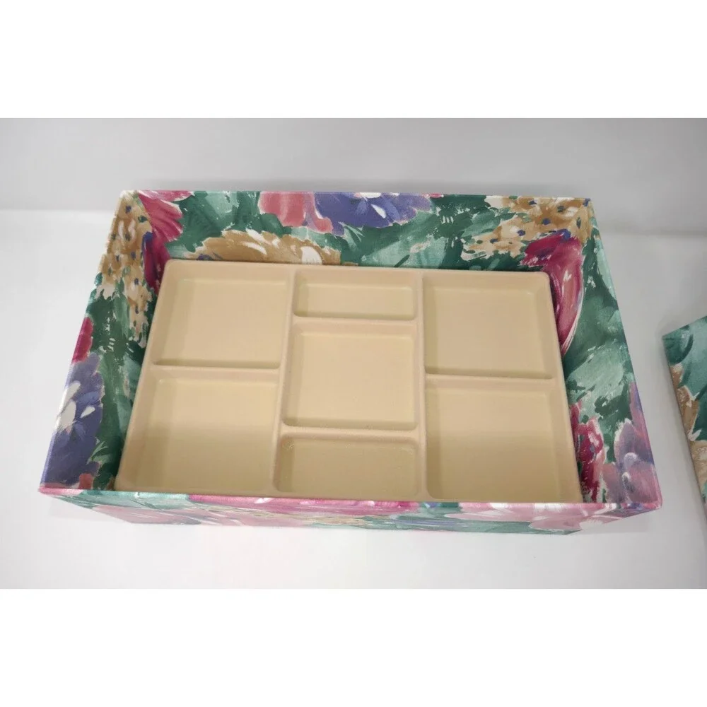 Mele Vintage 90s Fabric Floral Watercolor Jewelry Storage Chest 3 Lift Out Trays